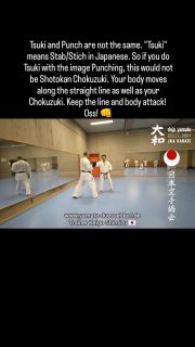 Tsuki and Punch are not the same. "Tsuki" means Stab/Stich in Japanese. So if you do Tsuki with the image Punching, this would not be Shotokan Chokuzuki. Your body moves along the straight line as well as your Chokuzuki. Keep the line and body attack! 
Oss! 👊
