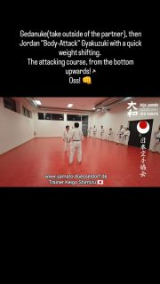 Gedanuke(take outside of the partner), then Jordan "Body-Attack" Gyakuzuki with a quick weight shifting.
The attacking course, from the bottom upwards! ↗
Oss! 👊