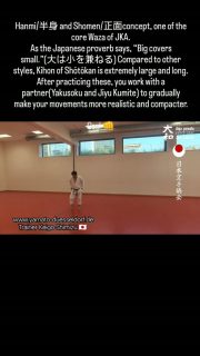 Hanmi/半身 and Shomen/正面concept, one of the core Waza of JKA.
As the Japanese proverb says, “Big covers small.”(大は小を兼ねる) Compared to other styles, Kihon of Shōtōkan is extremely large and long. After practicing these, you work with a partner(Yakusoku and Jiyu Kumite) to gradually make your movements more realistic and compacter.
Oss! 👊