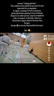 A scene "change partner".
This could be a tiny matterfor you but it is very important for us Japanese.
In Japan, crossing in front of someone, particularly when passing in front of Sensei, Senpai or an older person, may be considered rude, no respect. In the Dojo, there is a hierarchy in Japan, which is stricter than Europe.
Karate 道 is not only Tsuki and Keri but more.
Oss! 👊